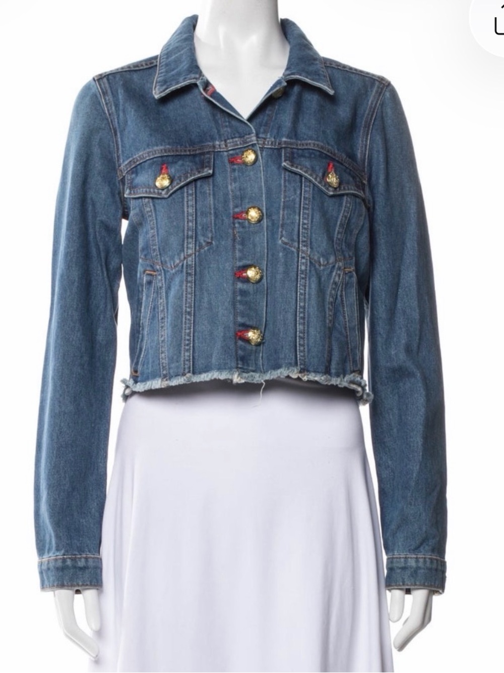 Veronica Beard Cropped Denim Jacket Gold accent buttons red thread Retail $778